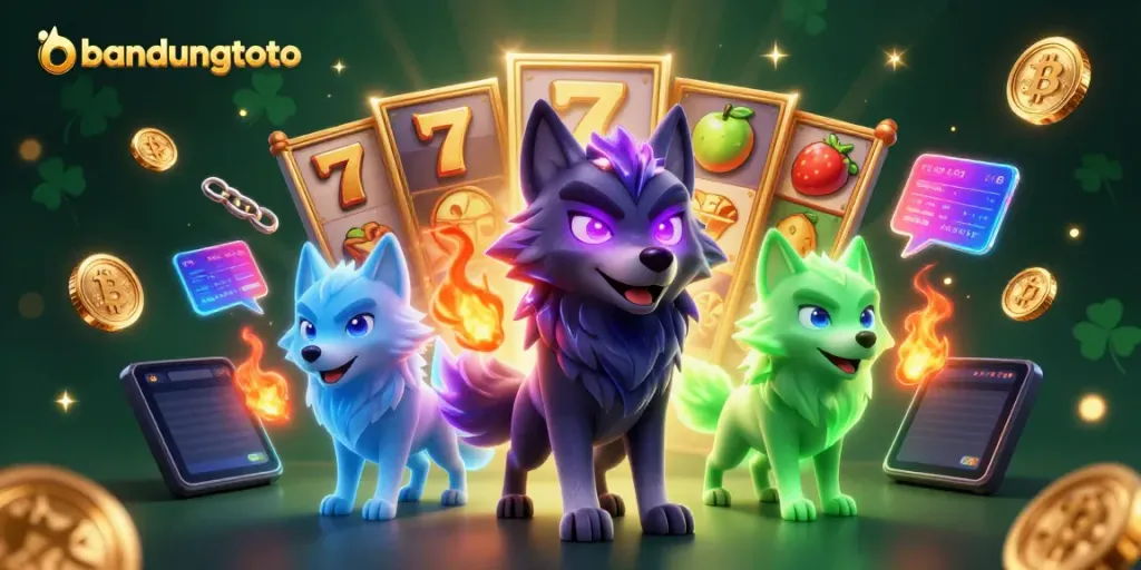 Experience thrilling gameplay with bandungtoto, featuring a mystical wolf leader amidst slot reels and neon crypto coins.
