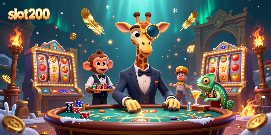 Win big with slot200 - high-roller giraffe, monkey valet, and chameleon bartender at a vibrant casino scene.
