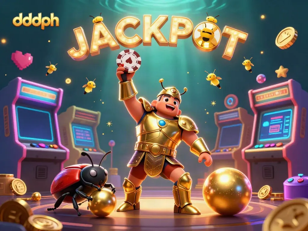 Experience the excitement of dddph with a heroic beetle lifting a poker chip in a vibrant casino scene.