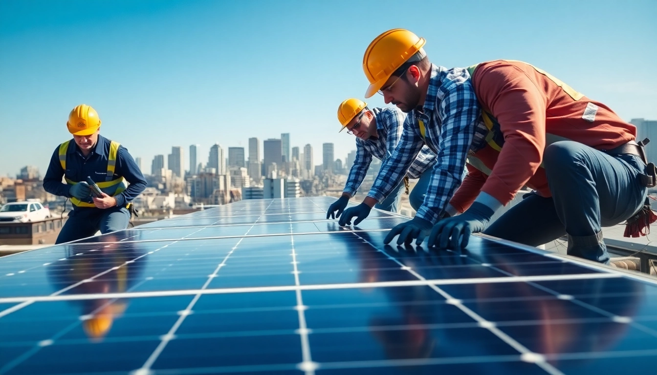 Expert technicians conducting commercial solar maintenance New Jersey on rooftops with cityscape.