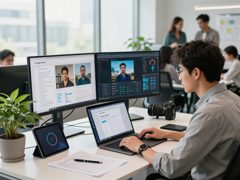 AI Image Detector analysis in a modern digital workspace, showcasing technology and collaboration.