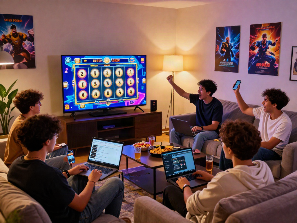 situs judi slot online session with friends in a cozy living room, colorful game graphics on TV