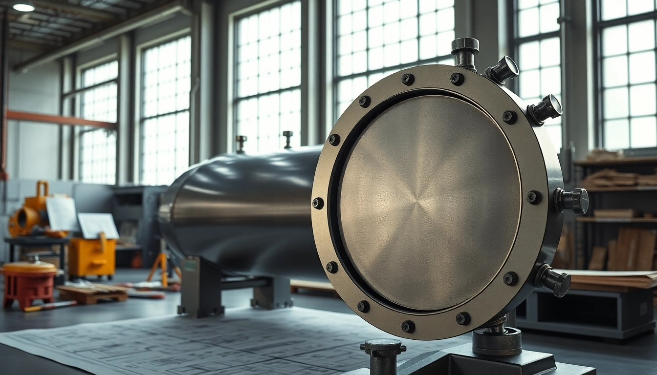 Showcasing Pressure Vessel Design with a robust cylindrical vessel and technical schematics in an engineering workspace.