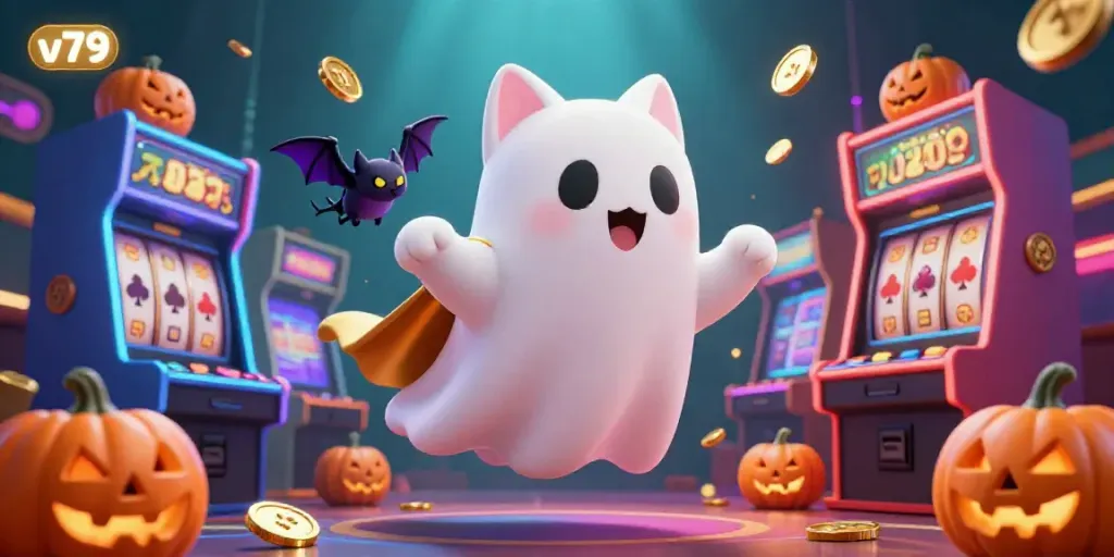 Experience the thrilling atmosphere of v79's casino with a friendly ghost cat and a vibrant vampire bat amidst glowing jackpots and colorful arcade machines.