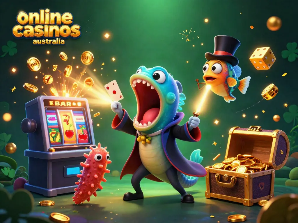 Experience vibrant online casinos Australia with a magic performance featuring playful sea creatures and casino themes.
