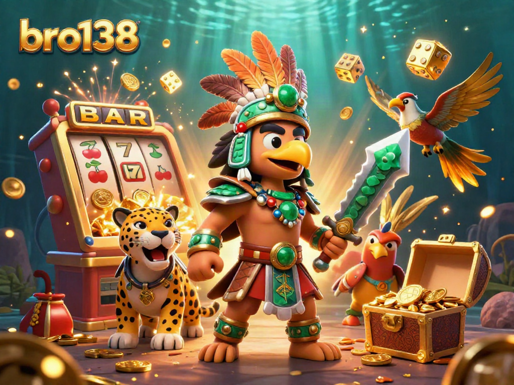 Experience the excitement of bro138 with a dynamic scene of 3D characters amidst casino elements.