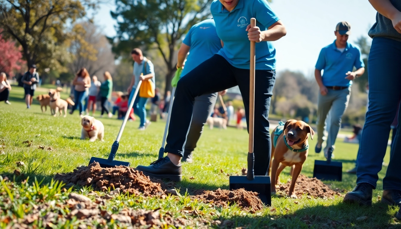 Dog poop clean up team efficiently managing waste in a sunny park.