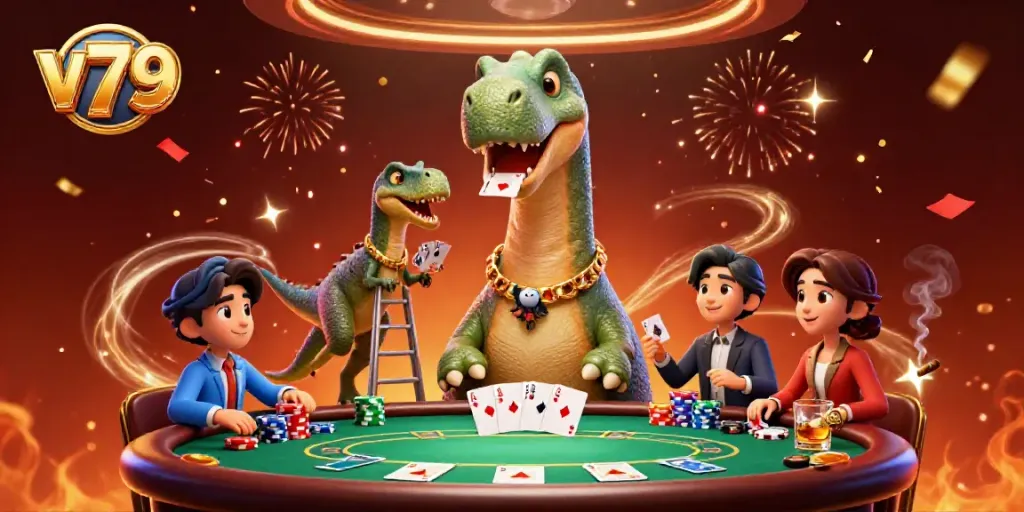 Experience the thrilling v79 casino atmosphere with a unique dinosaur-themed poker scene.