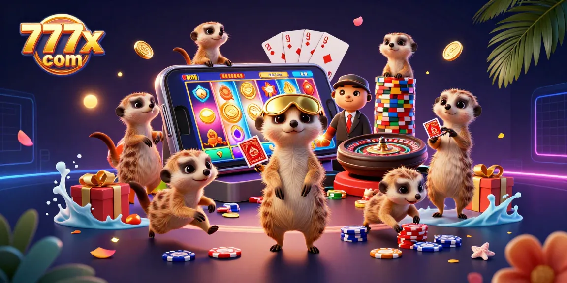 Join the fun at 777x com with meerkats running a vibrant casino scene packed with action and excitement.