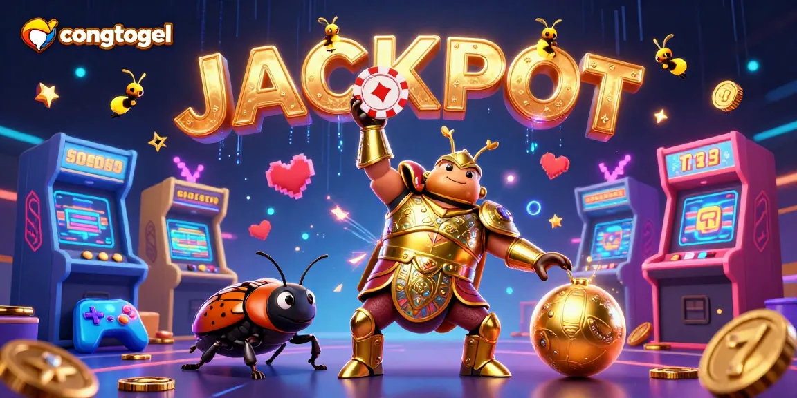 Play congtogel now with a joyous 3D beetle and vibrant casino elements showcasing jackpots and slot reels.