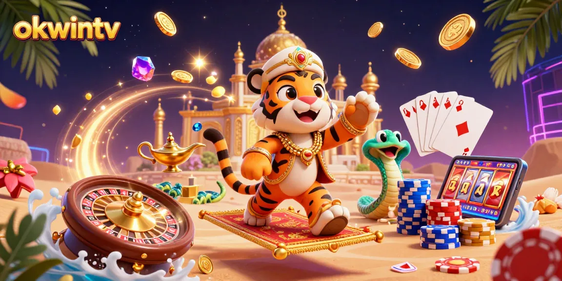 Engage with exciting slots and jackpots at okwintv, featuring a vibrant 3D illustration of casino elements.